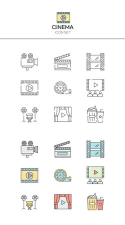 Cinema line icon set. Movie, filmstrip, video camera, movie reel. Movie concept. Can be used for topics like cinema, entertainment, entertainment industryのイラスト素材