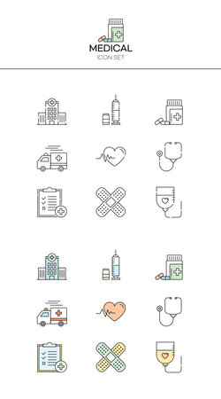 Medical flat line icons set. Syringe, pills, stethoscope, prescription. Medicine concept. Can be used for topics like healthcare, pharmacy, hospitalのイラスト素材