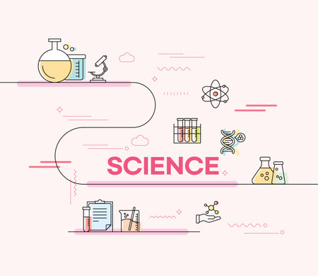 Science banner with thin line icons: microscope, test tube, flasks, flask. Modern vector illustration.のイラスト素材
