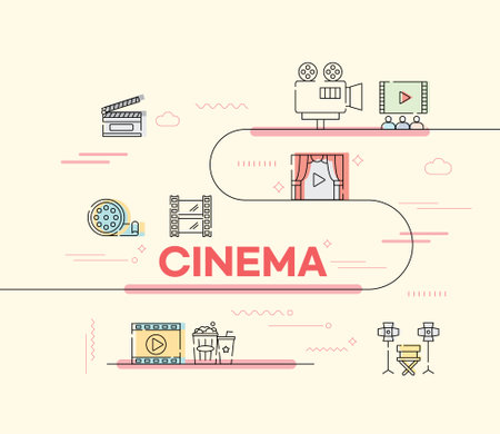 Cinema concept with thin line icons. Vector illustration in modern linear style.のイラスト素材