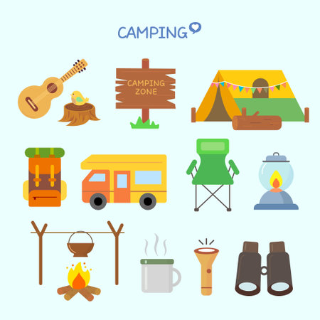 Camping icons set. Flat illustration of camping vector icons for web designのイラスト素材