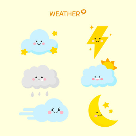 Weather forecast icons set. Vector illustration. Cute cartoon style.のイラスト素材