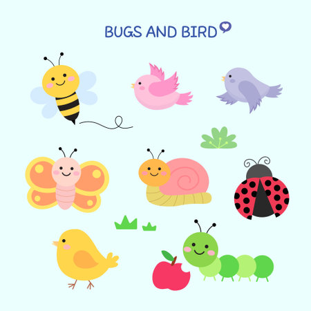 Set of cute cartoon animals and insects. Vector illustration isolated on white background.のイラスト素材