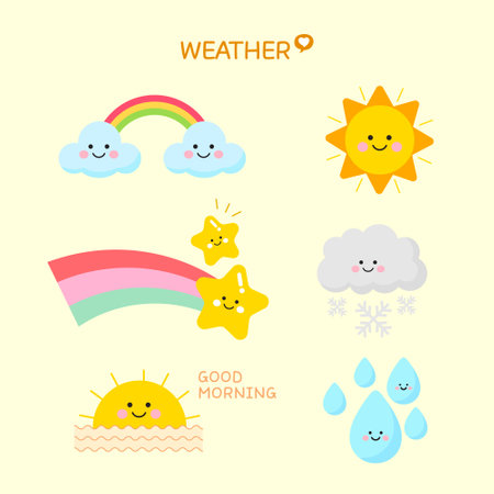 Set of weather icons. Cute cartoon style. Vector illustration.のイラスト素材