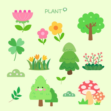 Set of cute cartoon trees, flowers, mushrooms and plants. Vector illustration.のイラスト素材