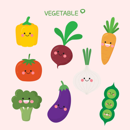 Vegetable icon set. Cute cartoon style. Vector illustration.のイラスト素材