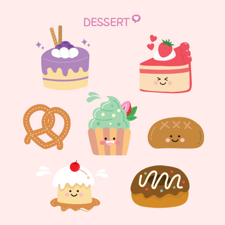 Set of cute cartoon desserts. Vector illustration in a flat style.のイラスト素材