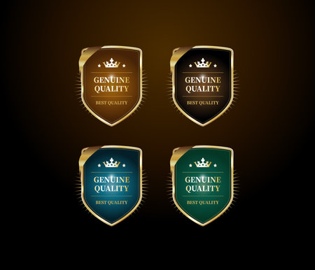 Luxury golden shields with crowns and ribbons. Vector illustrationのイラスト素材