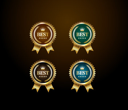 Set of premium quality golden badges and ribbons. Vector illustration.のイラスト素材