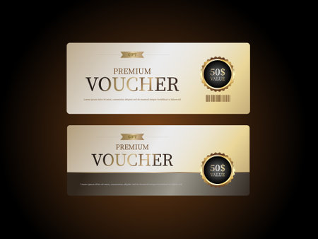 Voucher template with gold label on dark background. Vector illustrationのイラスト素材