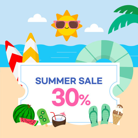 Summer sale banner template design. Vector illustration in flat cartoon style.のイラスト素材