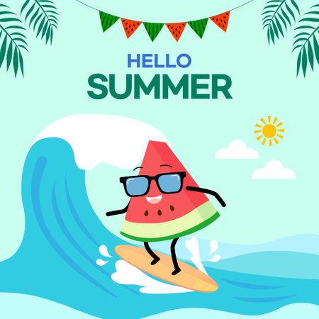 Hello Summer lettering with watermelon character. Vector illustration for your designのイラスト素材