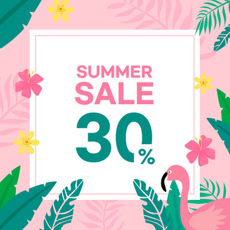 Summer sale banner with pink flamingo and tropical leaves. Vector illustrationのイラスト素材