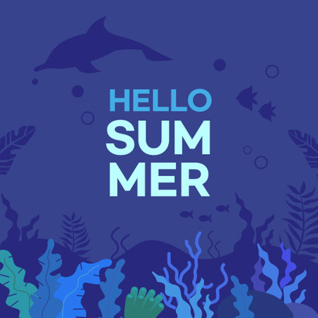 Hello Summer lettering with underwater background. Vector illustration in flat styleのイラスト素材