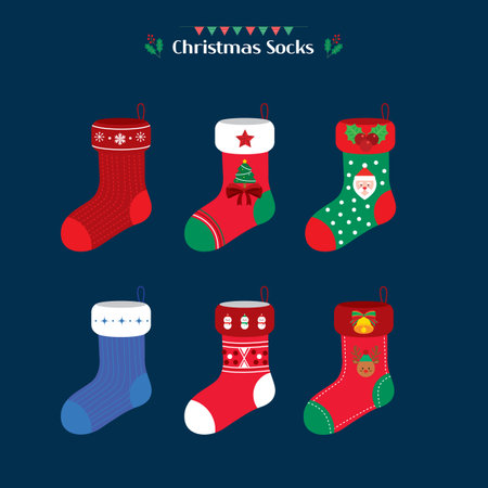 Christmas socks set. Vector illustration in flat style on blue background.のイラスト素材
