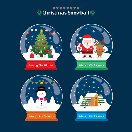 Christmas and New Year vector illustration. Snowglobe with snowman, santa claus, reindeer, house and christmas tree.のイラスト素材