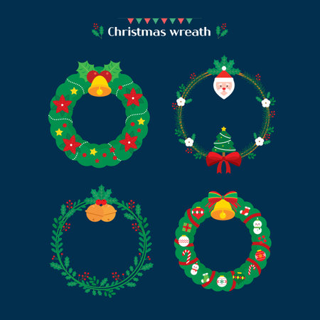 Christmas wreaths set. Vector illustration. Flat design style.のイラスト素材