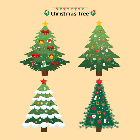 Christmas trees set. Vector illustration in flat style. Isolated on white background.のイラスト素材