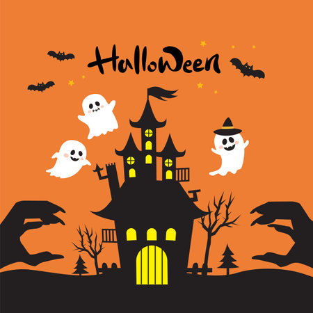 Halloween background with castle, ghost and bats. Vector illustration.のイラスト素材