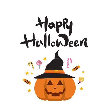 Happy Halloween lettering with pumpkin and candies. Vector illustration.のイラスト素材