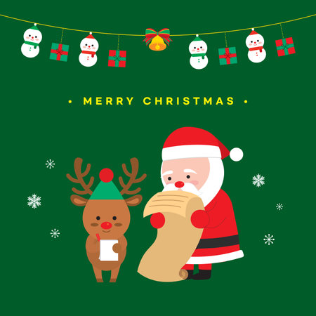 Merry Christmas and Happy New Year greeting card with Santa Claus, reindeer and snowman. Vector illustration.のイラスト素材