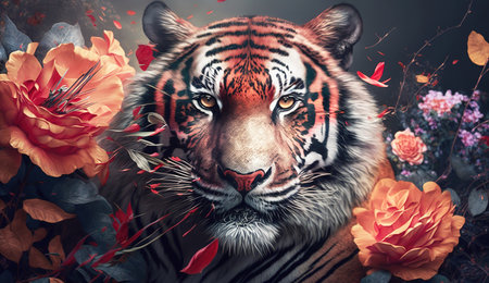 Siberian Tiger with a bouquet of flowers. A symbol of the new year 2022.の素材