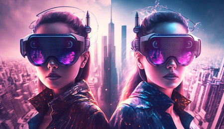 Portrait of two young women wearing virtual reality goggles. 3D renderingの素材