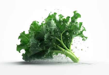 Kale vegetable with water splash isolated on white background. 3d illustrationの素材