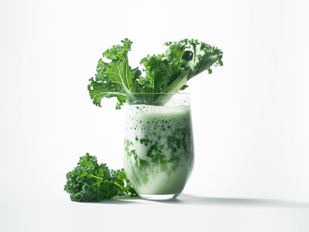 A glass of kale smoothie with fresh kale leaves on white backgroundの素材