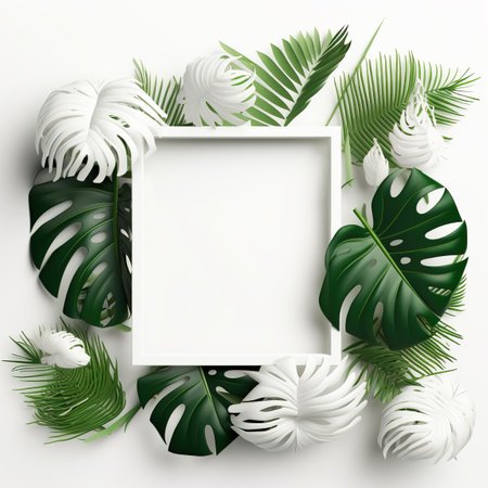 Tropical leaves and white frame on white background. Vector illustration.の素材