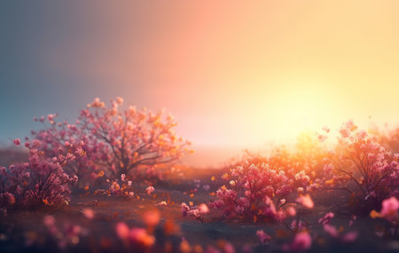 Beautiful pink sakura flowers blooming in the field at sunsetの素材