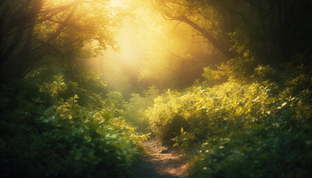 Sunset in the forest. Sunlight through the trees in the forest.の素材