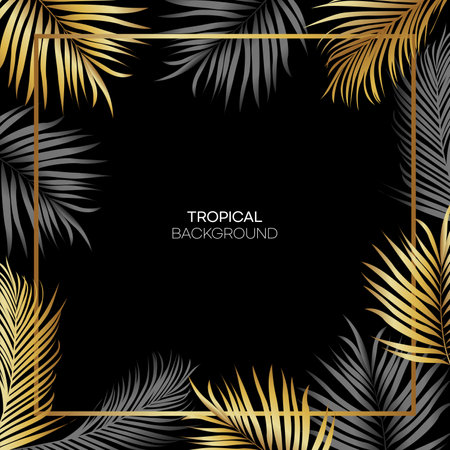 Tropical black background with golden palm leaves. Vector illustration.のイラスト素材