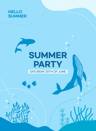 Summer Party Flyer or Cover Design Template with Cute Whale. Vector Illustrationのイラスト素材