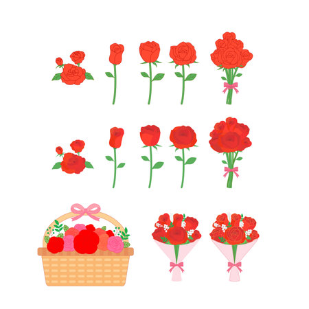 Set of bouquets of red roses in a basket. Vector illustrationのイラスト素材