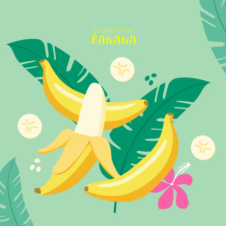 Banana with leaves. Vector illustration in flat style. Summer background.のイラスト素材