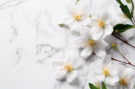 White jasmine flowers on white marble background. Flat lay, top viewの素材