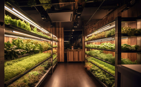 Futuristic interior of a modern hydroponic plant nursery.の素材