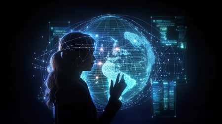 Businesswoman using digital hologram screen with world map. Mixed mediaの素材