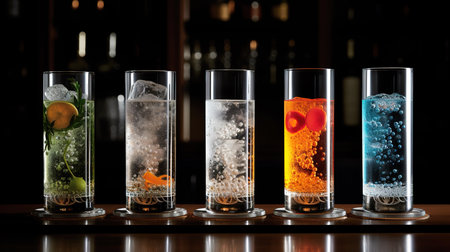 Set of different cocktails in glasses on the bar counter in a nightclubの素材