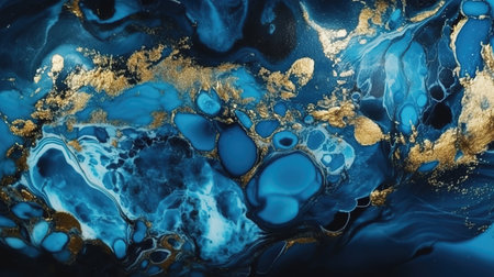 Marbled blue abstract background with golden sequins. Liquid marble ink patternの素材