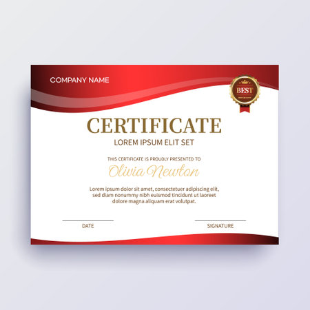Modern certificate template with red ribbon. Vector illustration.のイラスト素材