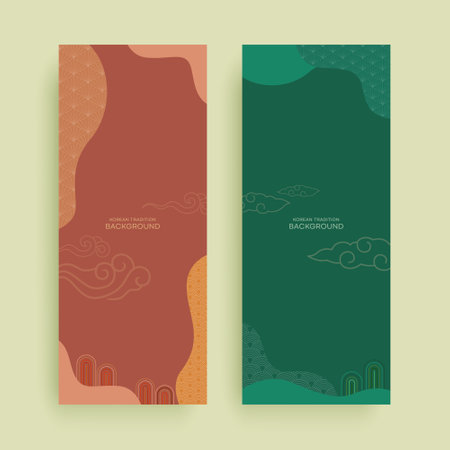 Korean Traditional Banner Frame Template.Set of two vertical banners with decorative elements. Colorful vector illustration.のイラスト素材