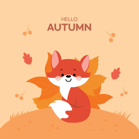 Hello autumn greeting card with cute fox and autumn leaves. Vector illustrationのイラスト素材