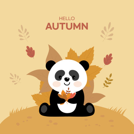 Hello autumn. Cute cartoon panda sitting on autumn leaves background. Vector illustrationのイラスト素材