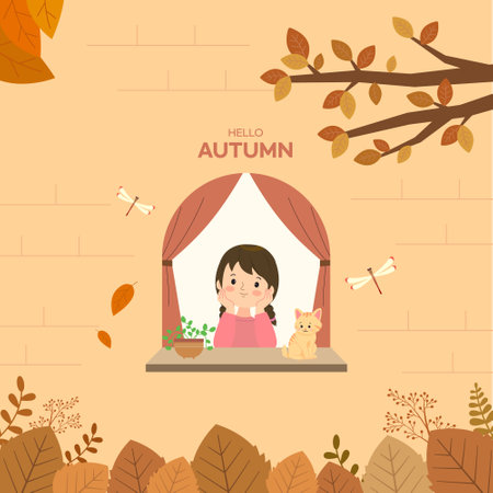 Autumn background with little girl and cat. Vector illustration in flat styleのイラスト素材