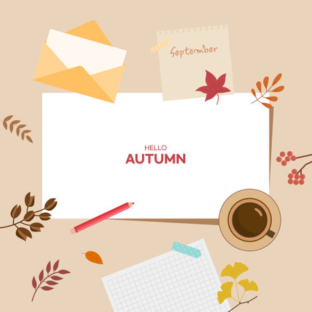 Autumn background with autumn leaves, cup of coffee and note.のイラスト素材