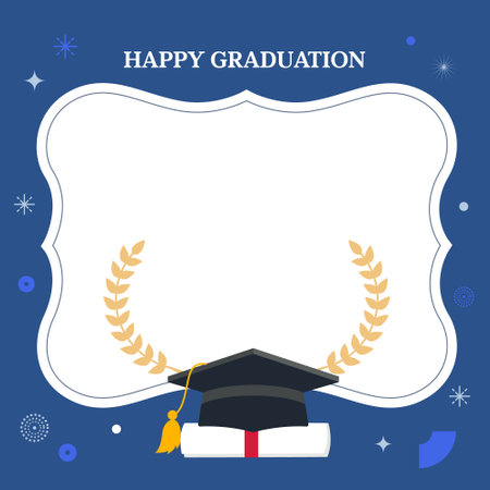 Graduation cap and laurel wreath on blue background, vector illustrationのイラスト素材