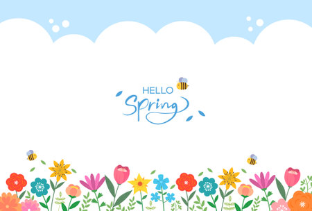 Hello Spring lettering with colorful flowers frame on white background. Vector illustration.のイラスト素材