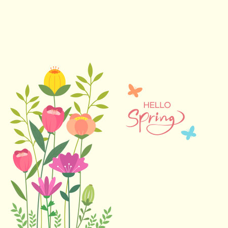 Hello spring card with colorful flowers and butterflies. Vector illustration EPS10のイラスト素材